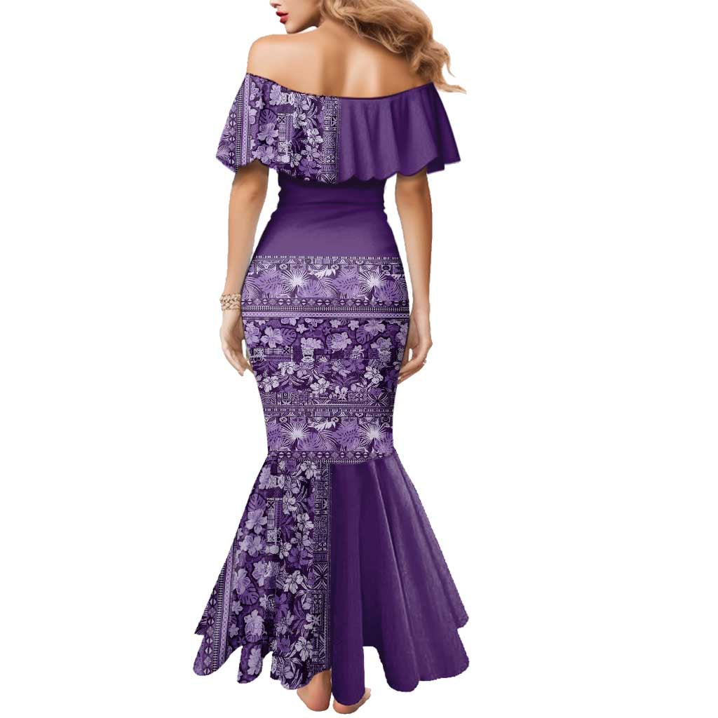 Hawaiian Tribal Elements Hibiscus Family Matching Mermaid Dress and Hawaiian Shirt Purple Pattern - Polynesian Pride
