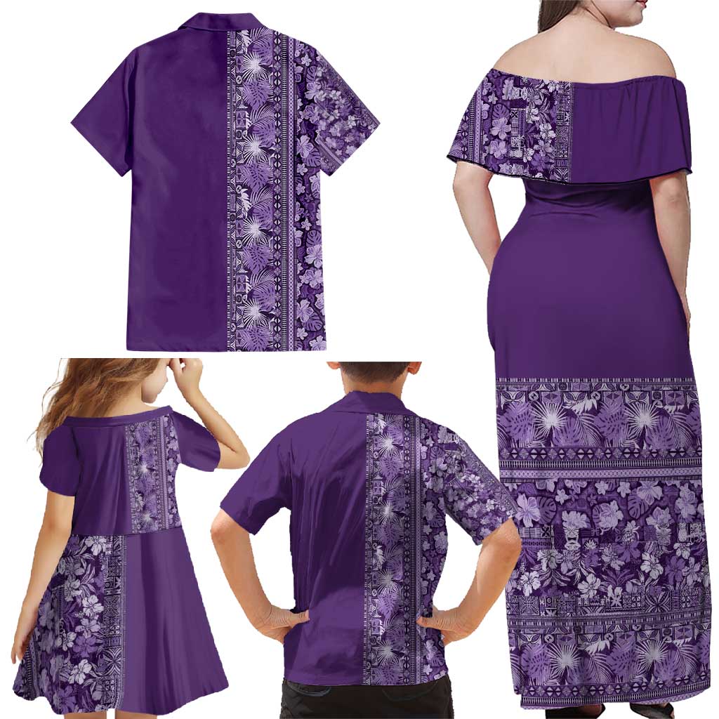 Hawaiian Tribal Elements Hibiscus Family Matching Off Shoulder Maxi Dress and Hawaiian Shirt Purple Pattern - Polynesian Pride