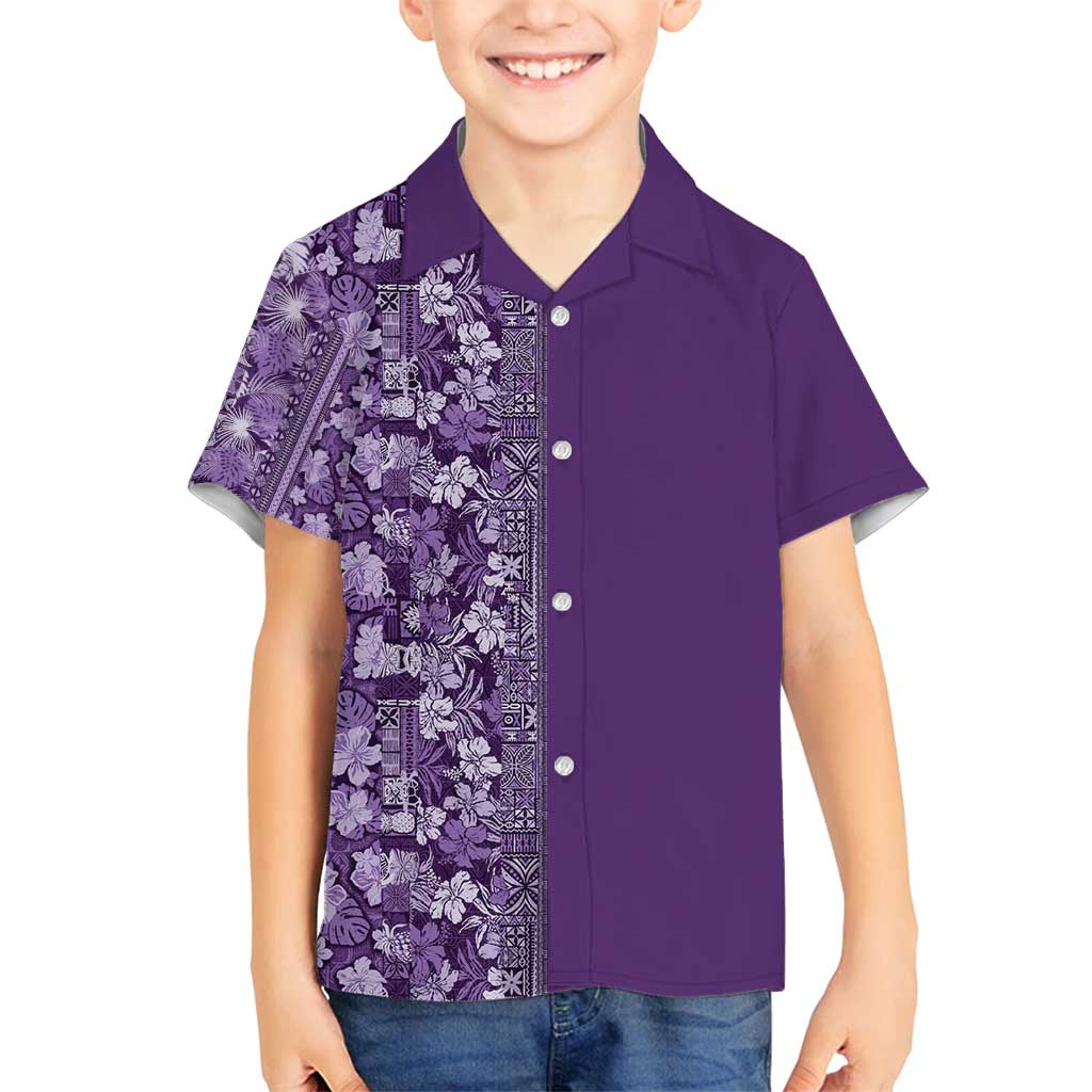 Hawaiian Tribal Elements Hibiscus Family Matching Puletasi and Hawaiian Shirt Purple Pattern - Polynesian Pride
