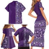 Hawaiian Tribal Elements Hibiscus Family Matching Short Sleeve Bodycon Dress and Hawaiian Shirt Purple Pattern - Polynesian Pride