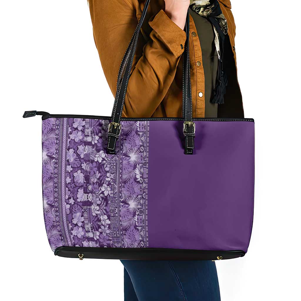 Hawaiian Tribal Elements Hibiscus Leather Tote Bag Purple Pattern - Polynesian Pride