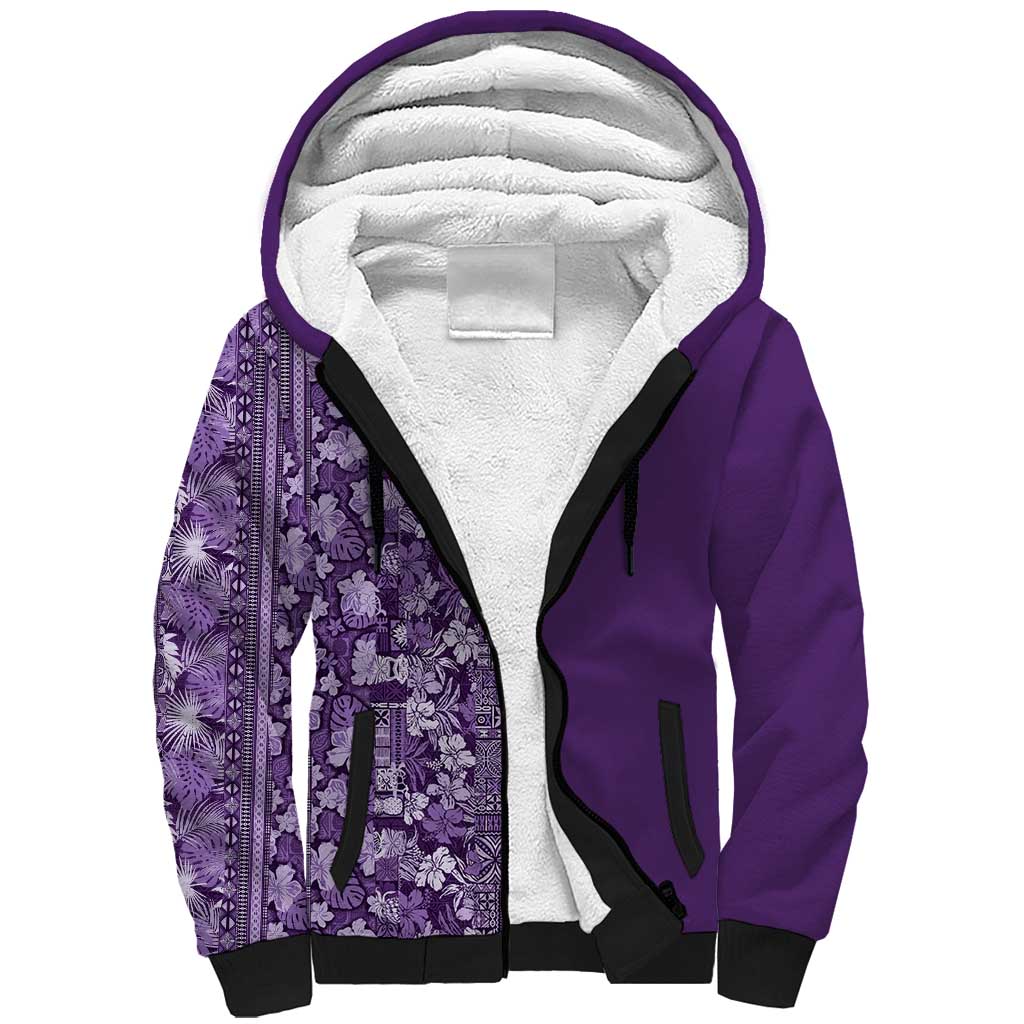 Hawaiian Tribal Elements Hibiscus Sherpa Hoodie Purple Pattern - Polynesian Pride