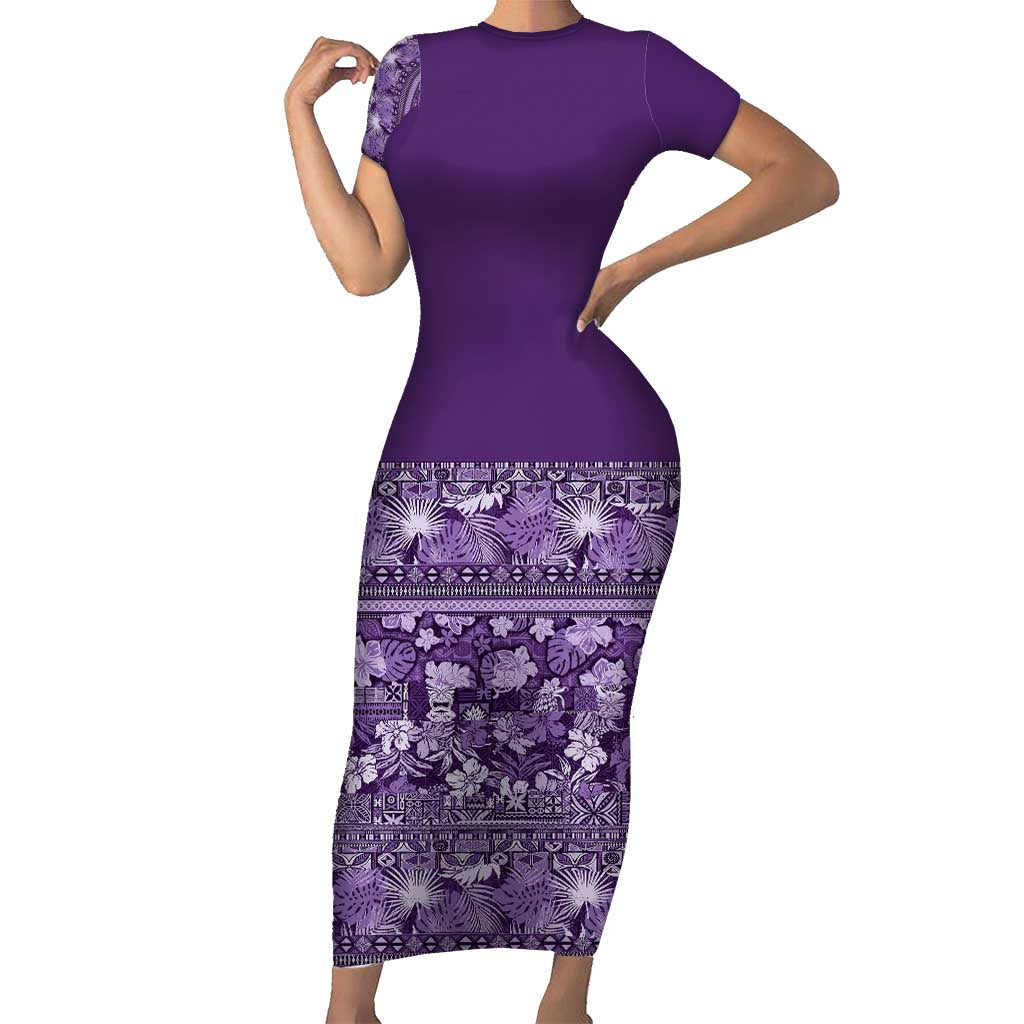 Hawaiian Tribal Elements Hibiscus Short Sleeve Bodycon Dress Purple Pattern - Polynesian Pride