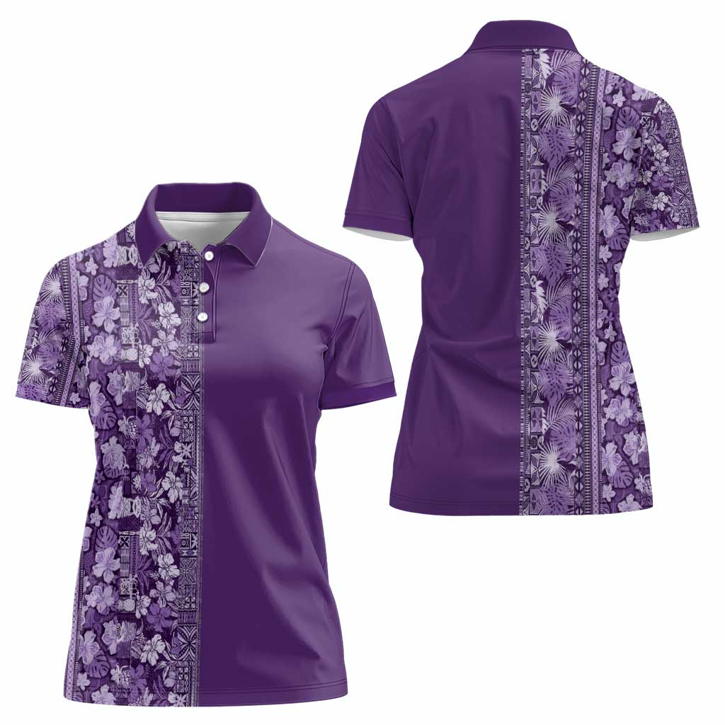 Hawaiian Tribal Elements Hibiscus Women Polo Shirt Purple Pattern - Polynesian Pride