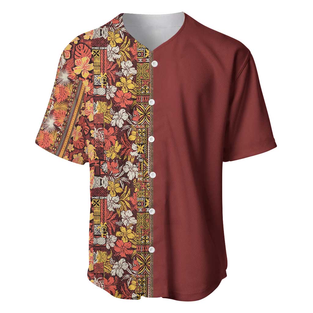 Hawaiian Tribal Elements Hibiscus Baseball Jersey Red Pattern - Polynesian Pride