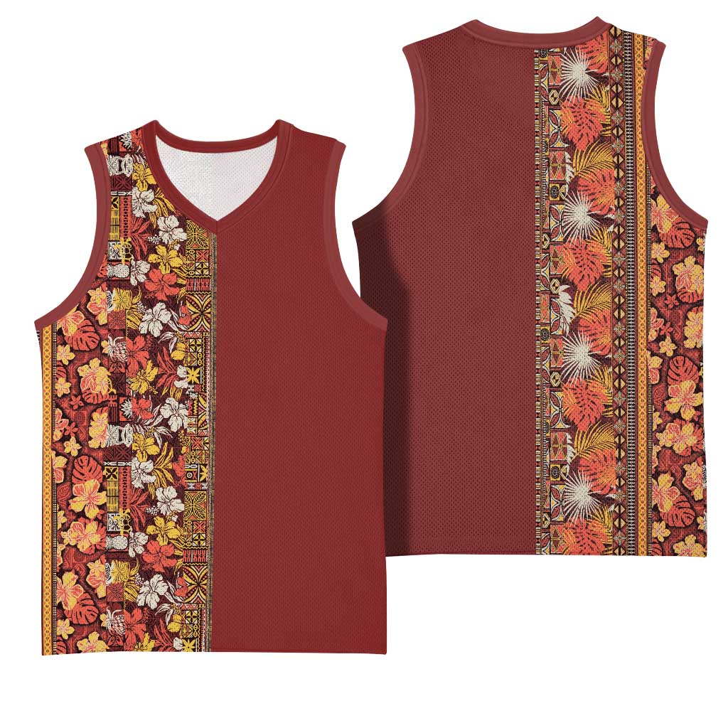 Hawaiian Tribal Elements Hibiscus Basketball Jersey Red Pattern LT9 - Polynesian Pride