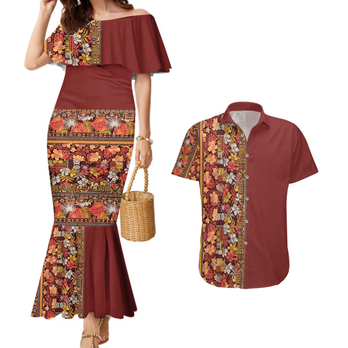 Hawaiian Tribal Elements Hibiscus Couples Matching Mermaid Dress and Hawaiian Shirt Red Pattern - Polynesian Pride