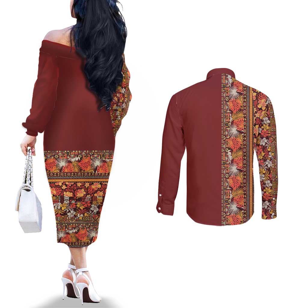 Hawaiian Tribal Elements Hibiscus Couples Matching Off The Shoulder Long Sleeve Dress and Long Sleeve Button Shirt Red Pattern - Polynesian Pride