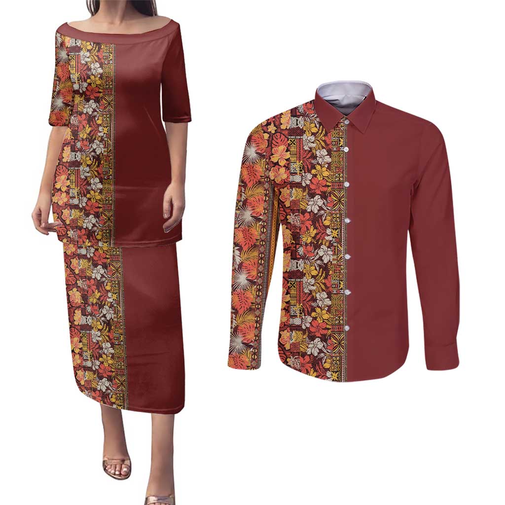 Hawaiian Tribal Elements Hibiscus Couples Matching Puletasi and Long Sleeve Button Shirt Red Pattern - Polynesian Pride