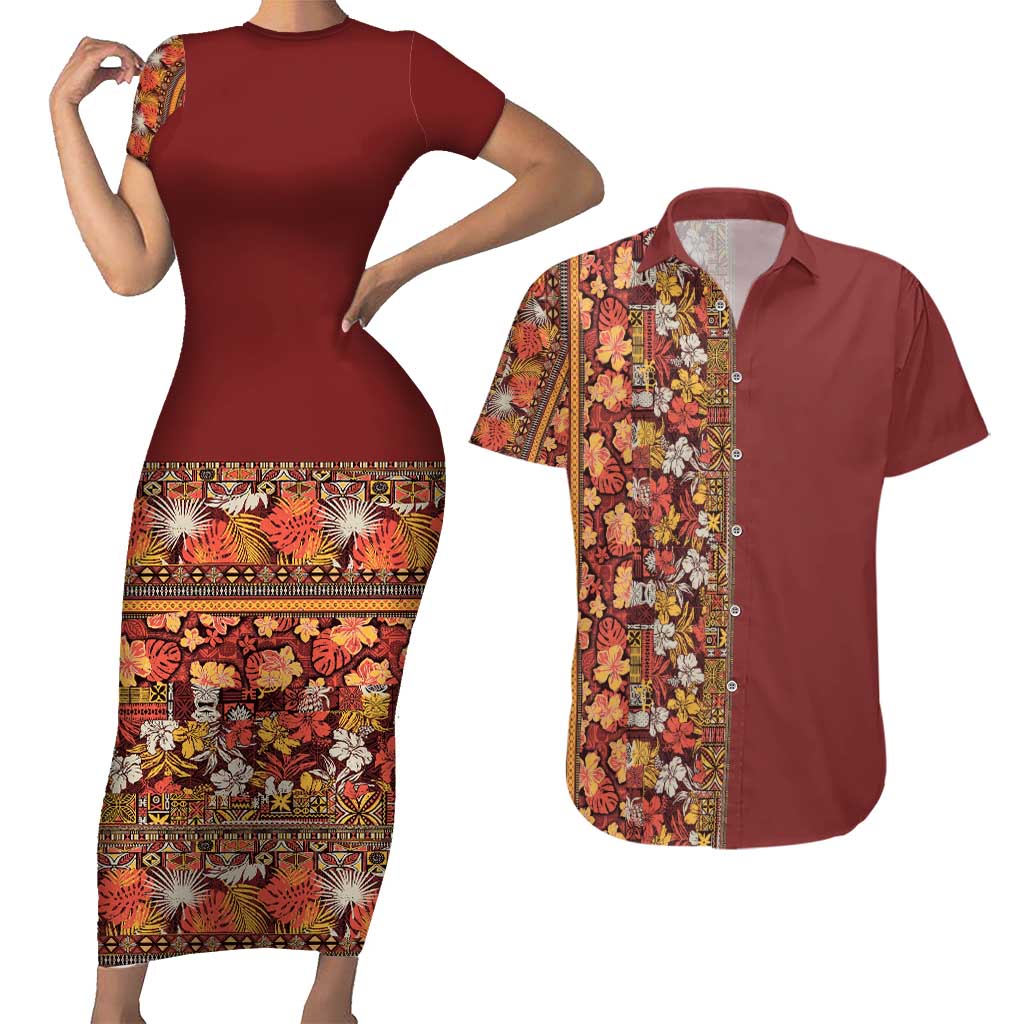 Hawaiian Tribal Elements Hibiscus Couples Matching Short Sleeve Bodycon Dress and Hawaiian Shirt Red Pattern - Polynesian Pride