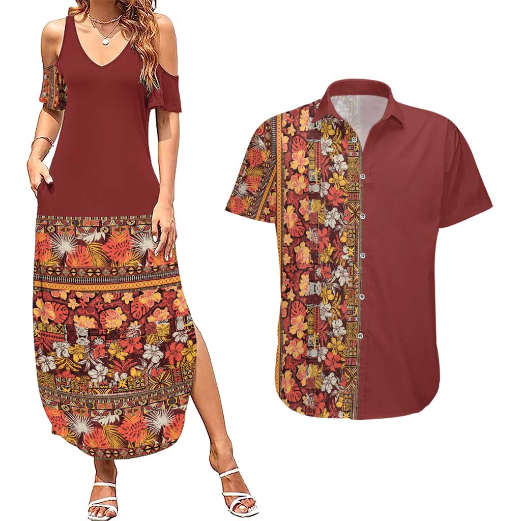 Hawaiian Tribal Elements Hibiscus Couples Matching Summer Maxi Dress and Hawaiian Shirt Red Pattern - Polynesian Pride