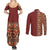 Hawaiian Tribal Elements Hibiscus Couples Matching Summer Maxi Dress and Long Sleeve Button Shirt Red Pattern - Polynesian Pride