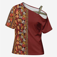 Hawaiian Tribal Elements Hibiscus Cross Shoulder Shirt Red Pattern LT9 Female Red - Polynesian Pride