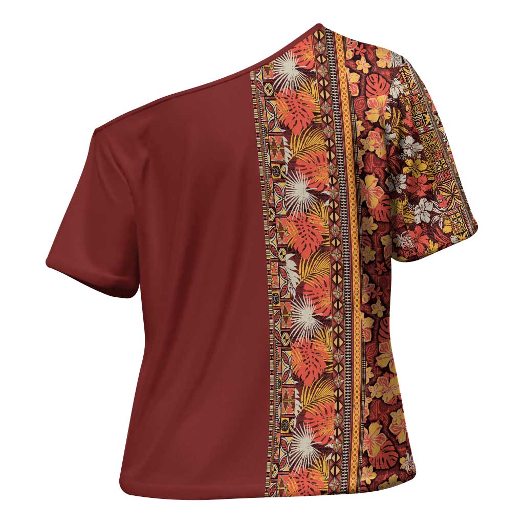 Hawaiian Tribal Elements Hibiscus Cross Shoulder Shirt Red Pattern LT9 - Polynesian Pride