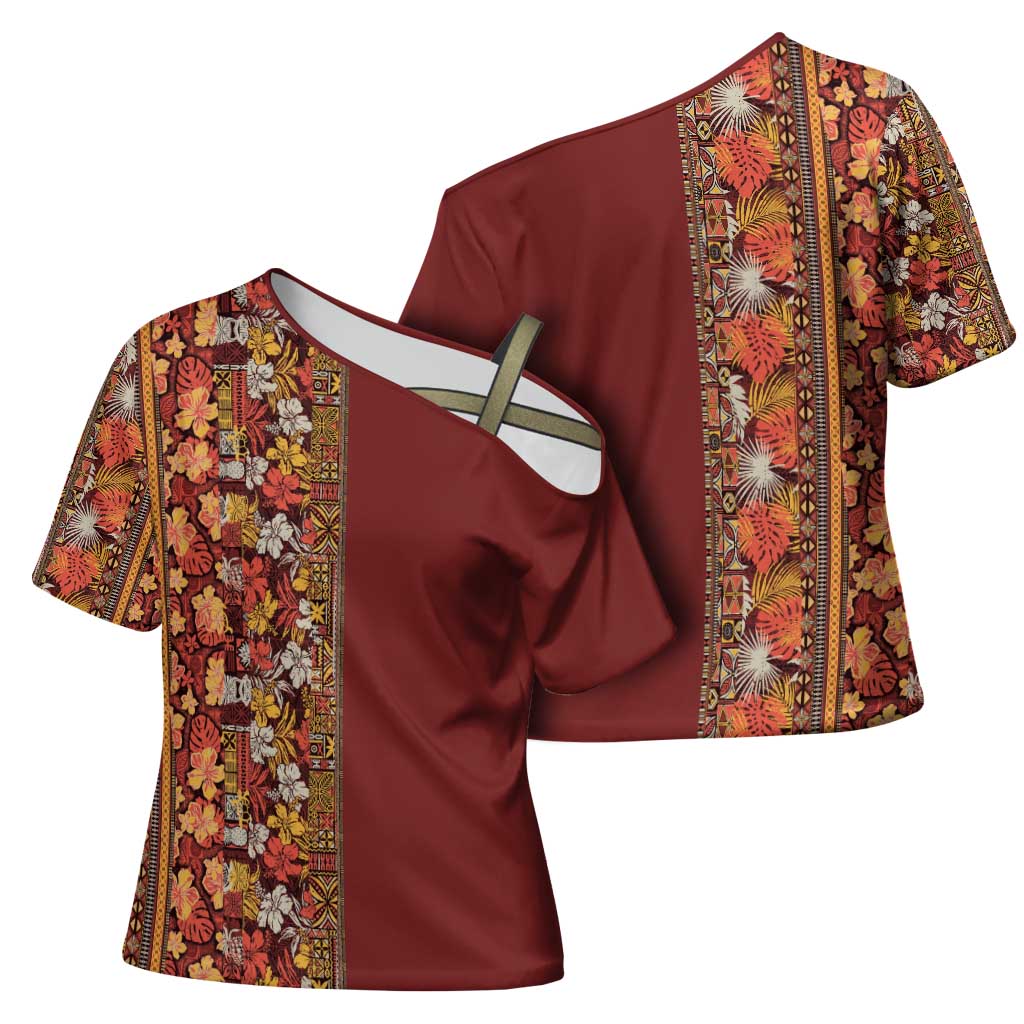 Hawaiian Tribal Elements Hibiscus Cross Shoulder Shirt Red Pattern LT9 - Polynesian Pride
