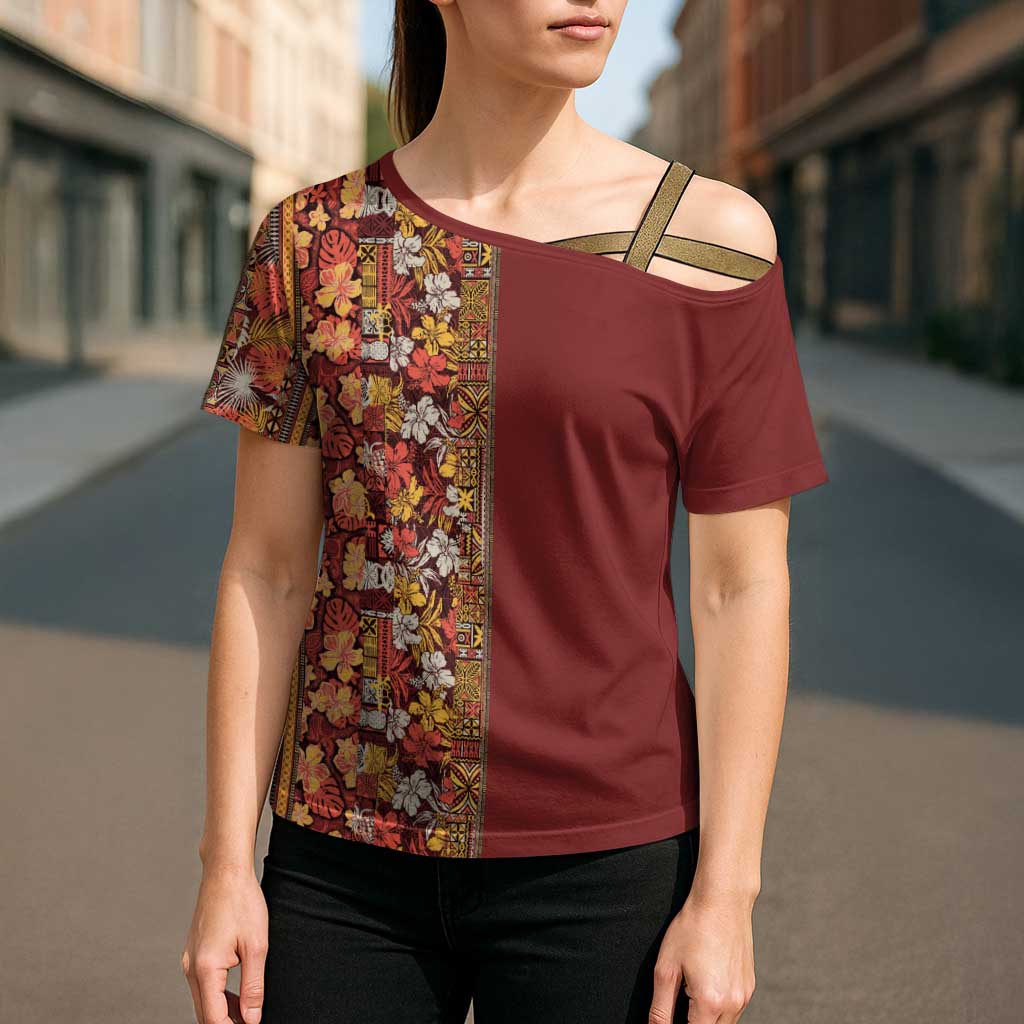 Hawaiian Tribal Elements Hibiscus Cross Shoulder Shirt Red Pattern LT9 - Polynesian Pride