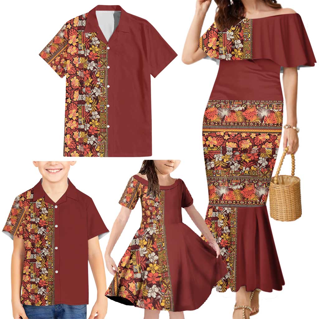 Hawaiian Tribal Elements Hibiscus Family Matching Mermaid Dress and Hawaiian Shirt Red Pattern - Polynesian Pride