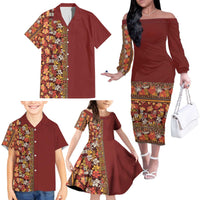 Hawaiian Tribal Elements Hibiscus Family Matching Off The Shoulder Long Sleeve Dress and Hawaiian Shirt Red Pattern - Polynesian Pride
