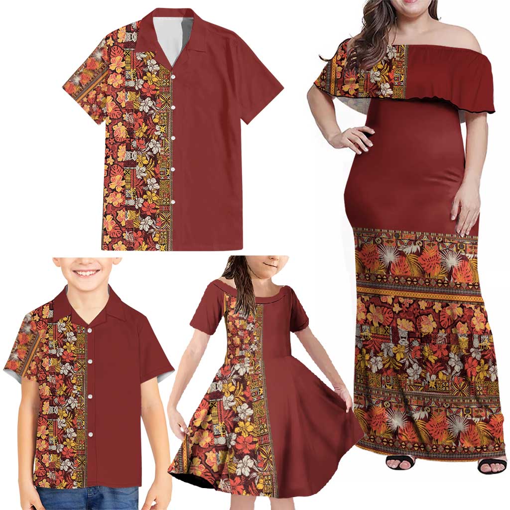 Hawaiian Tribal Elements Hibiscus Family Matching Off Shoulder Maxi Dress and Hawaiian Shirt Red Pattern - Polynesian Pride