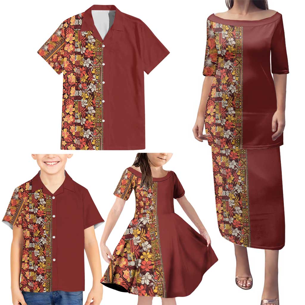 Hawaiian Tribal Elements Hibiscus Family Matching Puletasi and Hawaiian Shirt Red Pattern - Polynesian Pride