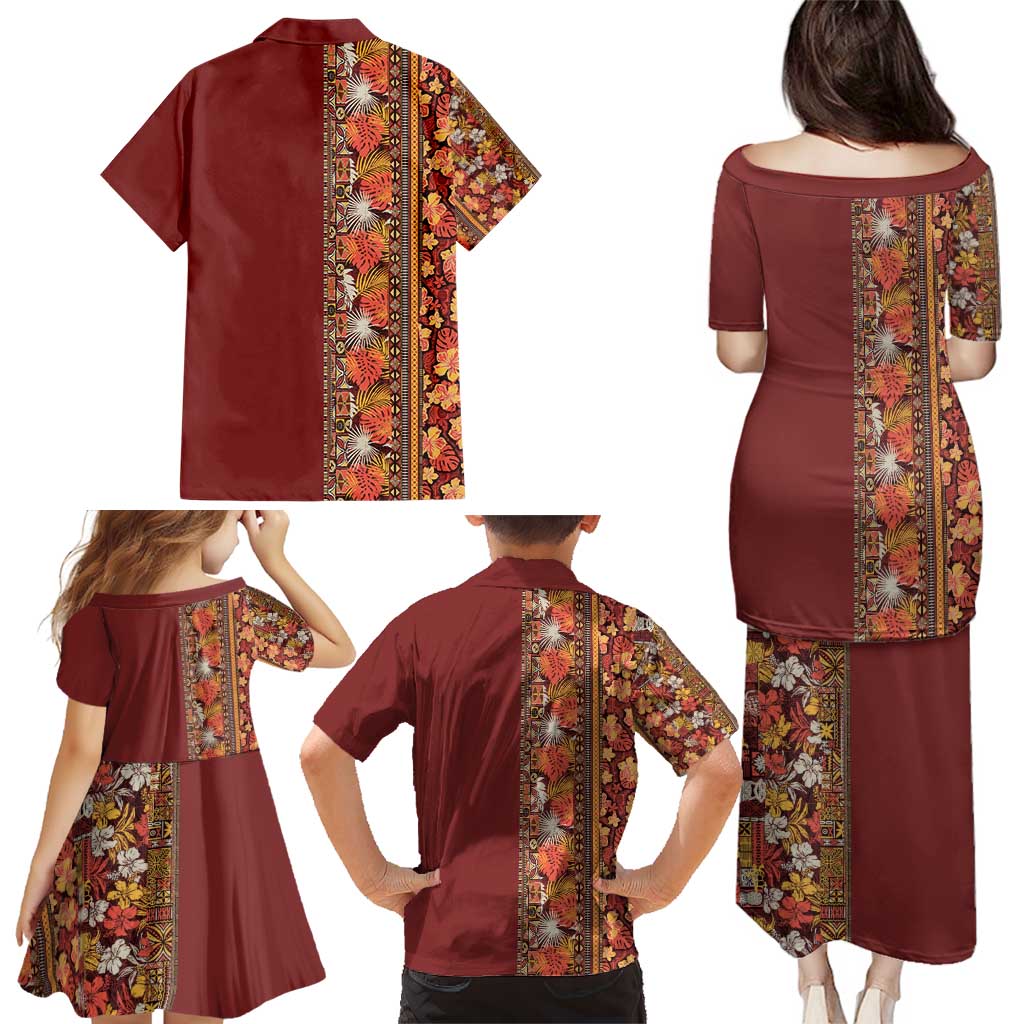 Hawaiian Tribal Elements Hibiscus Family Matching Puletasi and Hawaiian Shirt Red Pattern - Polynesian Pride