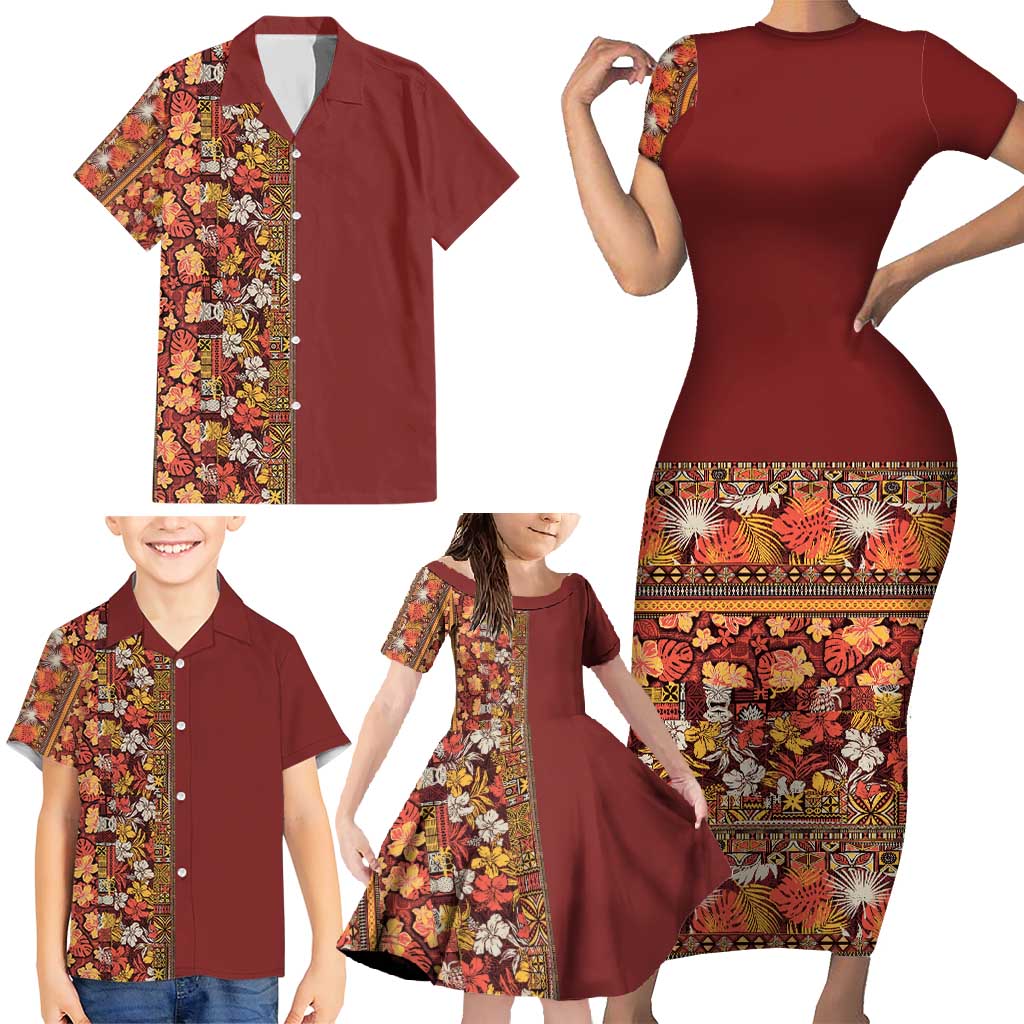 Hawaiian Tribal Elements Hibiscus Family Matching Short Sleeve Bodycon Dress and Hawaiian Shirt Red Pattern - Polynesian Pride