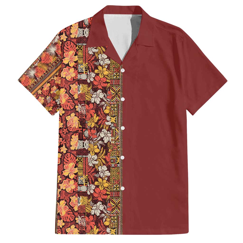 Hawaiian Tribal Elements Hibiscus Family Matching Summer Maxi Dress and Hawaiian Shirt Red Pattern - Polynesian Pride