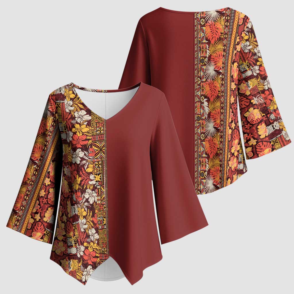 Hawaiian Tribal Elements Hibiscus Kimono Sleeve Blouse Red Pattern - Polynesian Pride