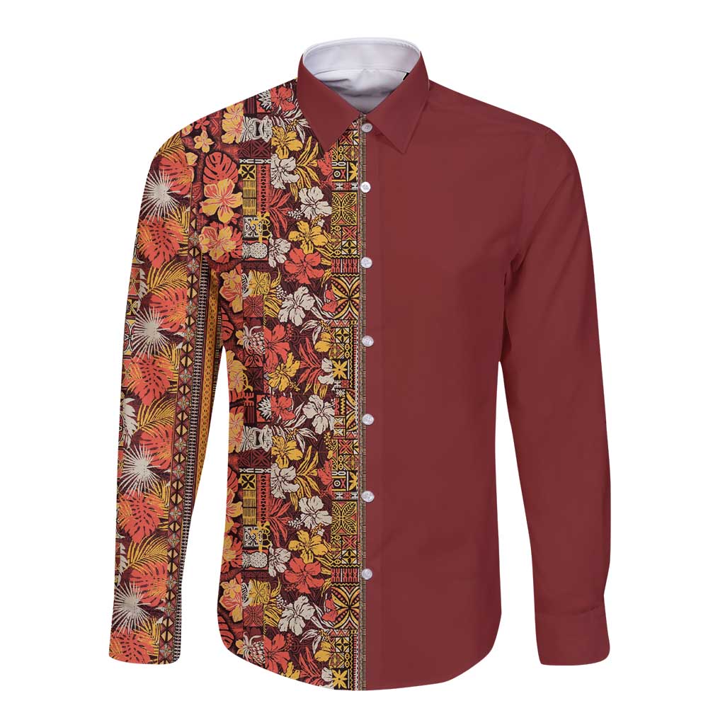 Hawaiian Tribal Elements Hibiscus Long Sleeve Button Shirt Red Pattern - Polynesian Pride