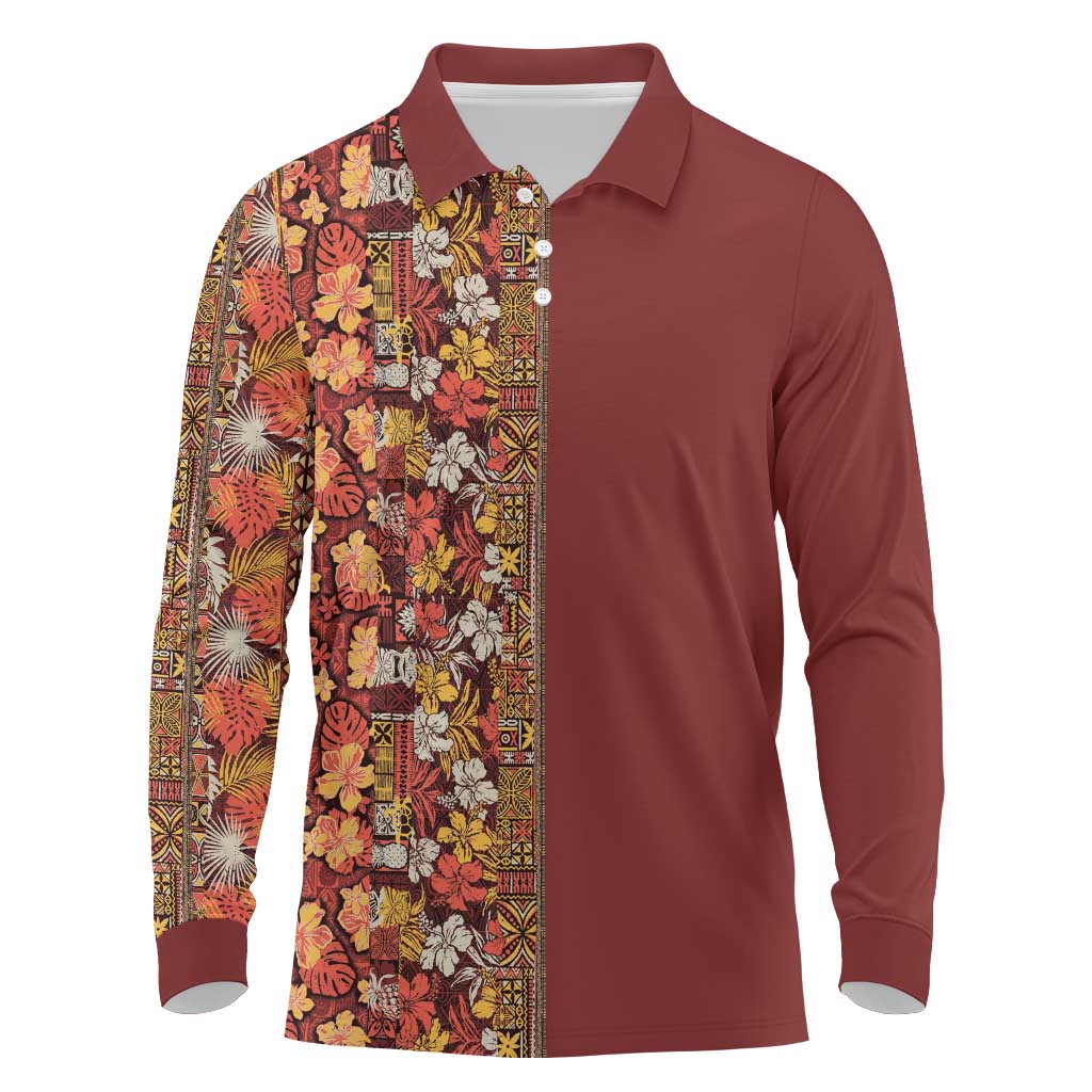 Hawaiian Tribal Elements Hibiscus Long Sleeve Polo Shirt Red Pattern - Polynesian Pride