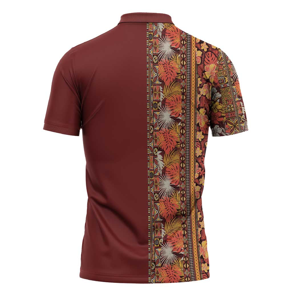 Hawaiian Tribal Elements Hibiscus Zipper Polo Shirt Red Pattern - Polynesian Pride