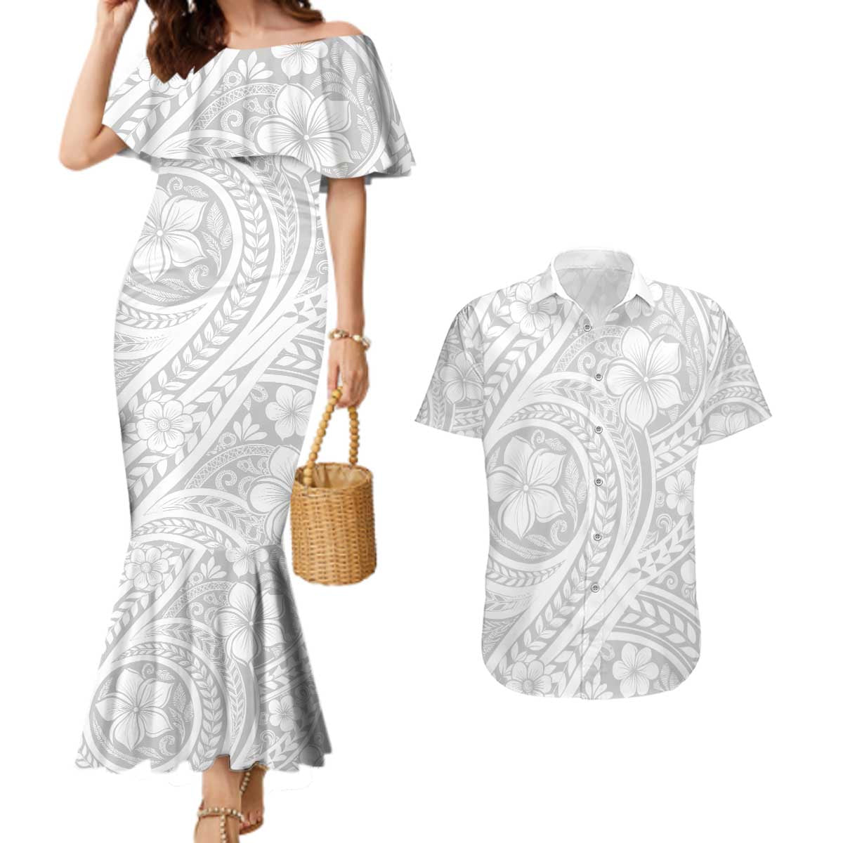 Lotu Tamaiti Samoan Polynesian Tribal Couples Matching Mermaid Dress and Hawaiian Shirt - Polynesian Pride