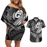 Polynesia Couples Matching Off Shoulder Short Dress and Hawaiian Shirt Whale Tale and Polynesian Sunset Plumeria Black LT9 Black - Polynesian Pride