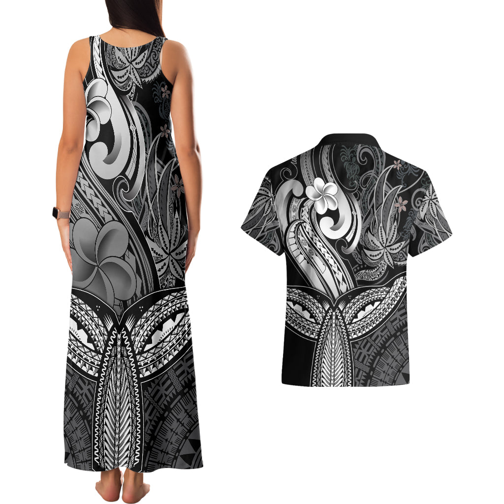 Polynesia Couples Matching Tank Maxi Dress and Hawaiian Shirt Whale Tale and Polynesian Sunset Plumeria Black LT9 - Polynesian Pride