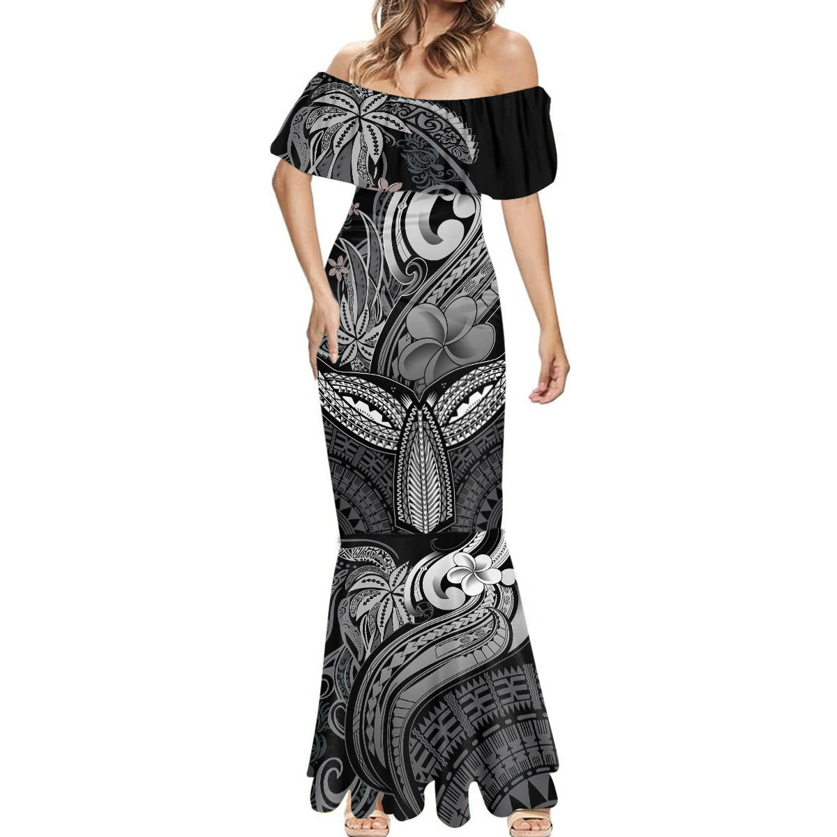 Polynesia Mermaid Dress Whale Tale and Polynesian Sunset Plumeria Black LT9 - Polynesian Pride