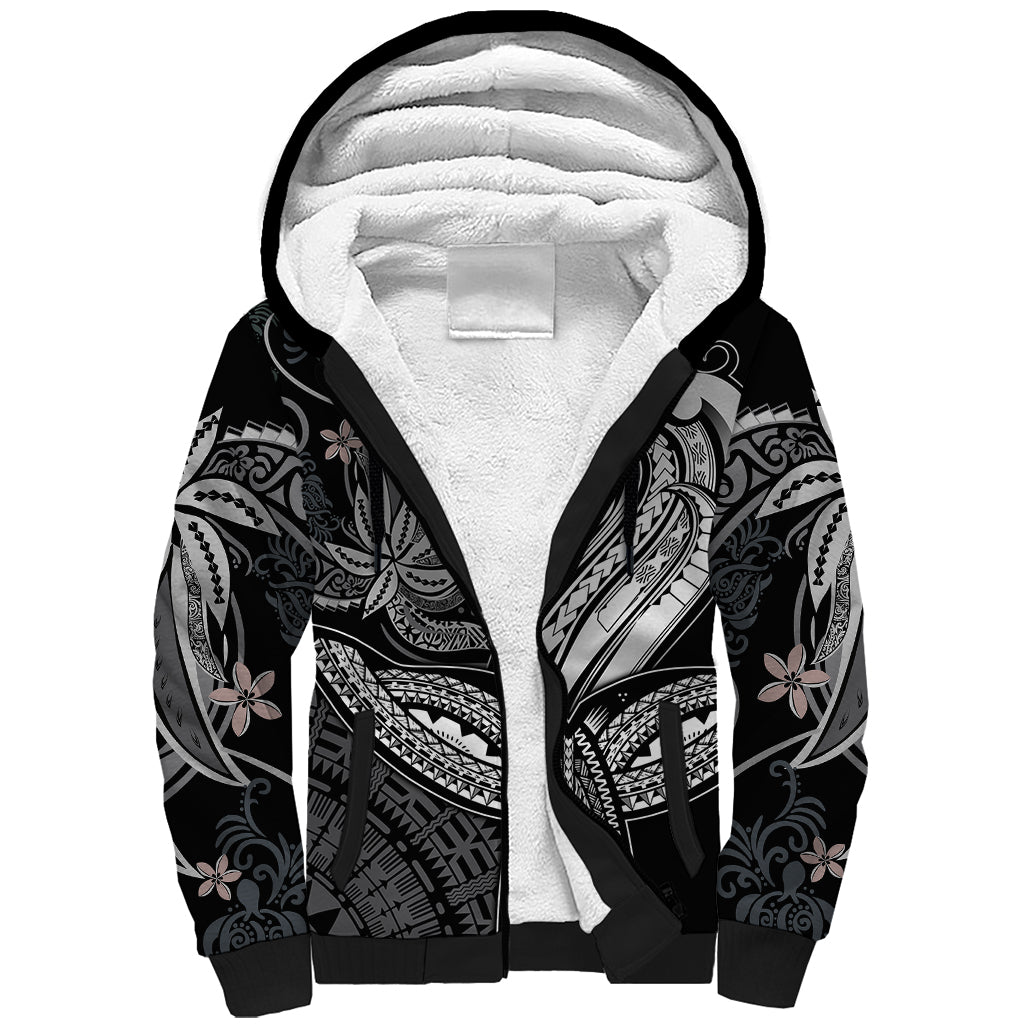 Polynesia Sherpa Hoodie Whale Tale and Polynesian Sunset Plumeria Black LT9 Unisex Black - Polynesian Pride