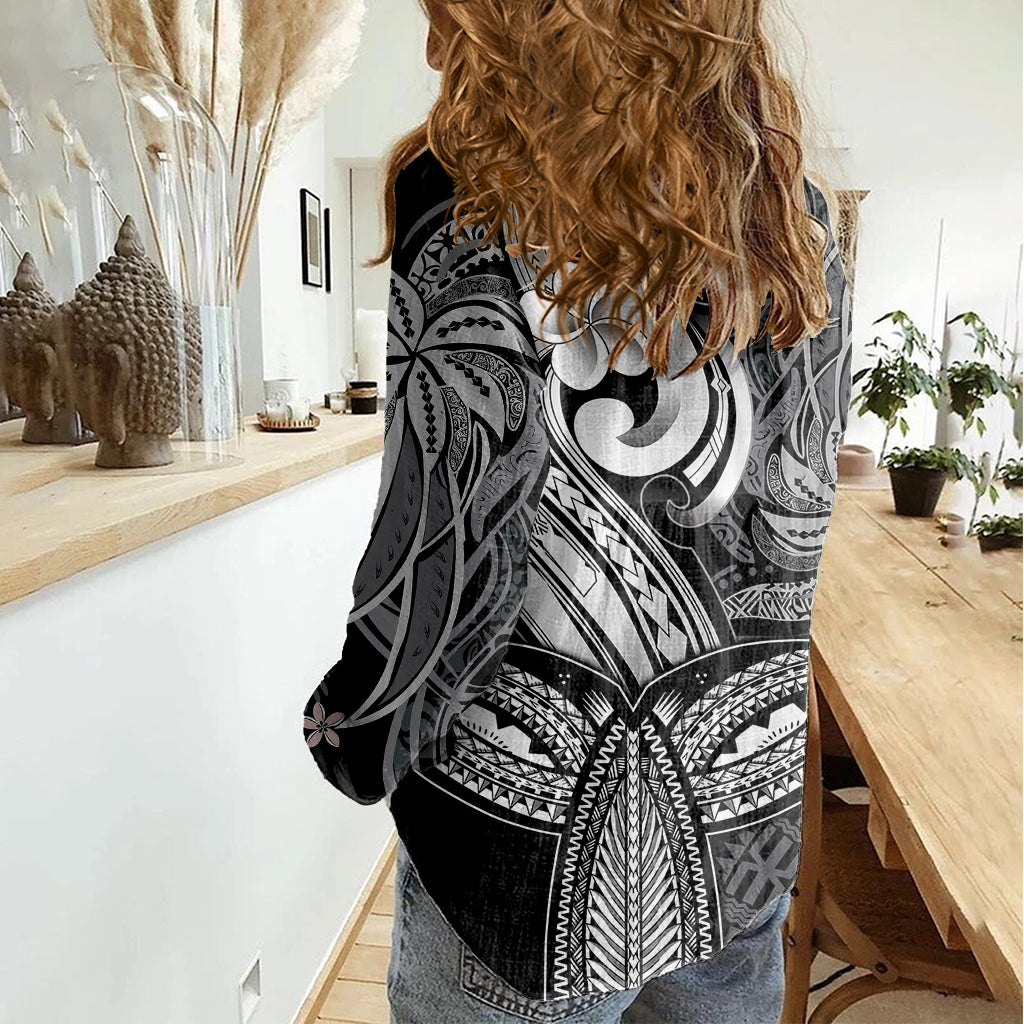 Polynesia Women Casual Shirt Whale Tale and Polynesian Sunset Plumeria Black LT9 - Polynesian Pride