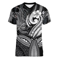 Polynesia Women V Neck T Shirt Whale Tale and Polynesian Sunset Plumeria Black LT9 Female Black - Polynesian Pride