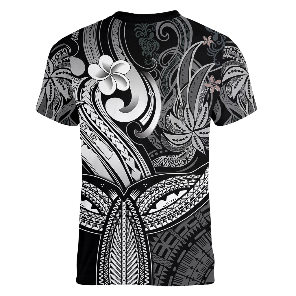 Polynesia Women V Neck T Shirt Whale Tale and Polynesian Sunset Plumeria Black LT9 - Polynesian Pride
