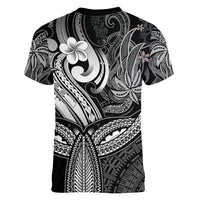 Polynesia Women V Neck T Shirt Whale Tale and Polynesian Sunset Plumeria Black LT9 - Polynesian Pride