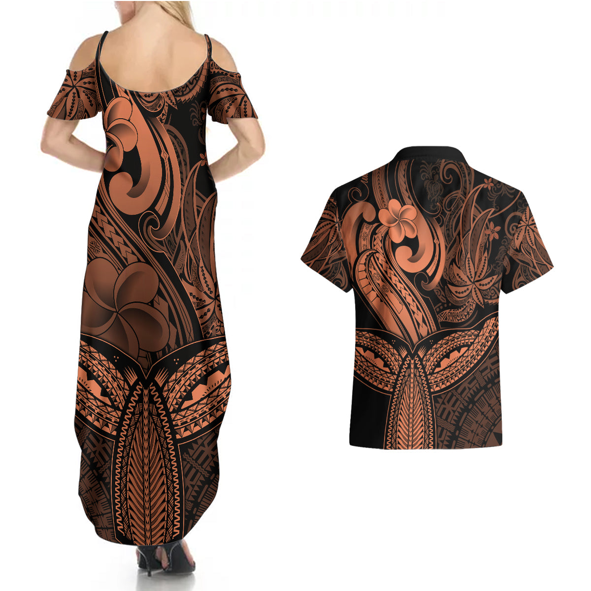 Polynesia Couples Matching Summer Maxi Dress and Hawaiian Shirt Whale Tale and Polynesian Sunset Plumeria Gold LT9 - Polynesian Pride