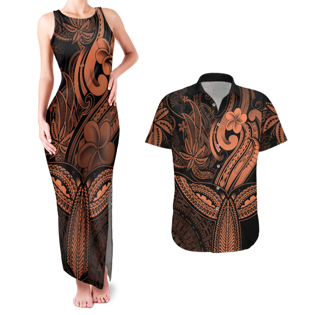 Polynesia Couples Matching Tank Maxi Dress and Hawaiian Shirt Whale Tale and Polynesian Sunset Plumeria Gold LT9 Gold - Polynesian Pride