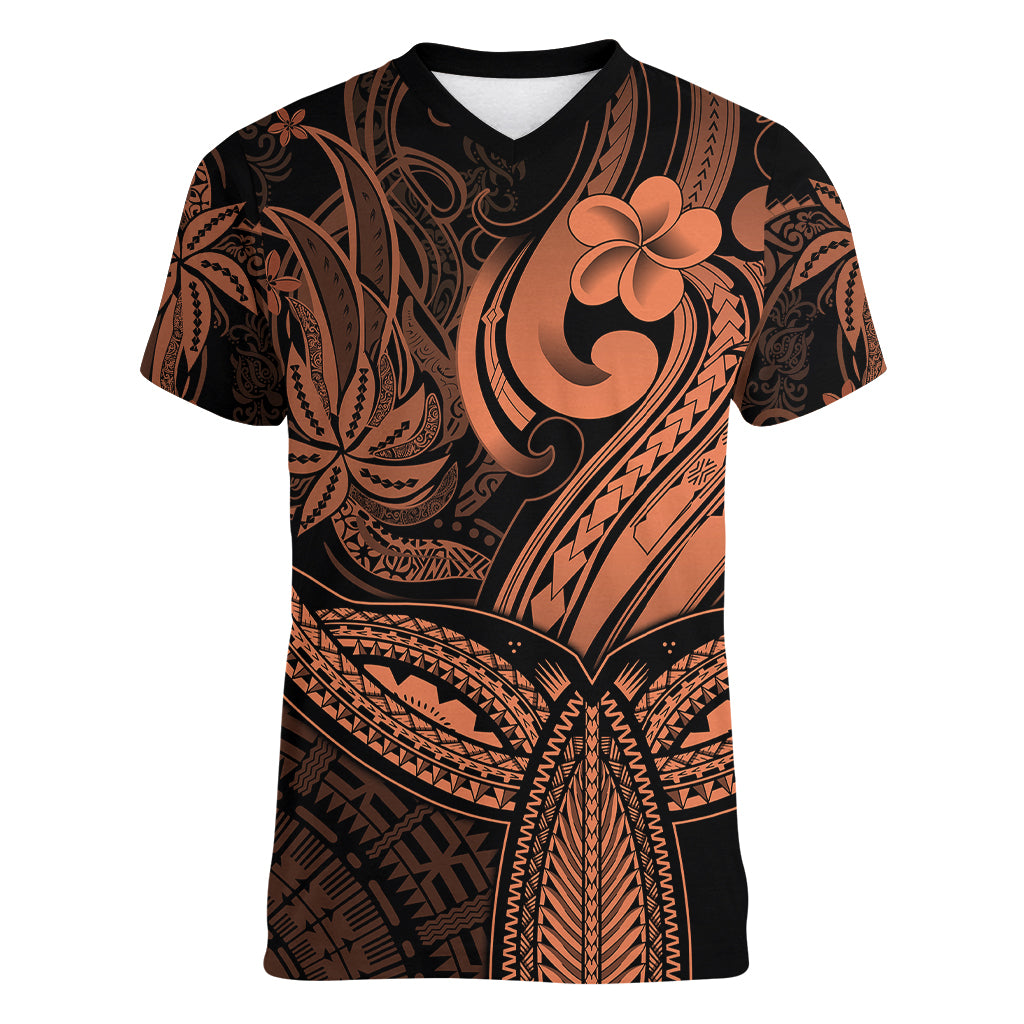 Polynesia Women V Neck T Shirt Whale Tale and Polynesian Sunset Plumeria Gold LT9 Female Gold - Polynesian Pride