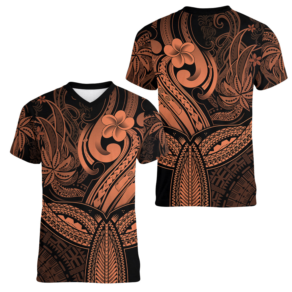 Polynesia Women V Neck T Shirt Whale Tale and Polynesian Sunset Plumeria Gold LT9 - Polynesian Pride