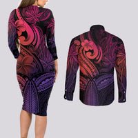 Polynesia Couples Matching Long Sleeve Bodycon Dress and Long Sleeve Button Shirts Whale Tale and Polynesian Sunset Plumeria Pink LT9 - Polynesian Pride