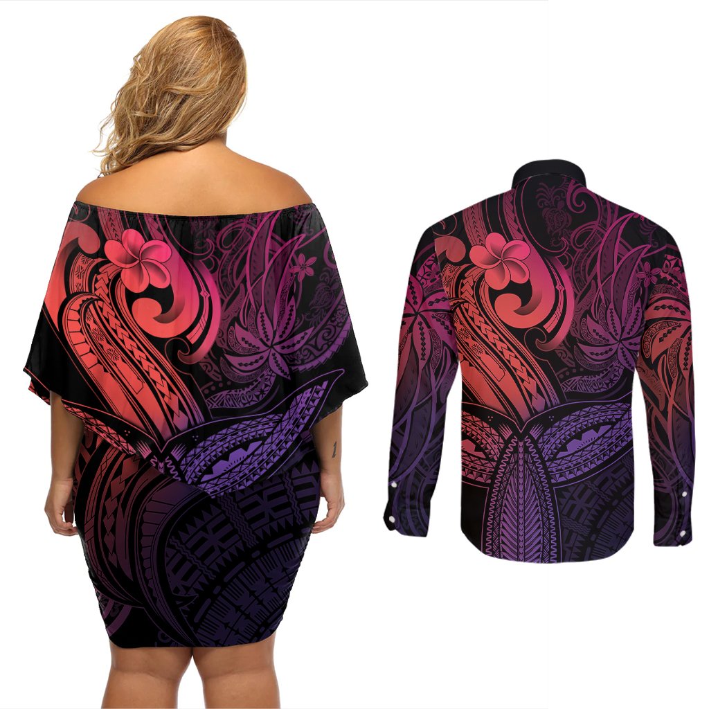 Polynesia Couples Matching Off Shoulder Short Dress and Long Sleeve Button Shirts Whale Tale and Polynesian Sunset Plumeria Pink LT9 - Polynesian Pride