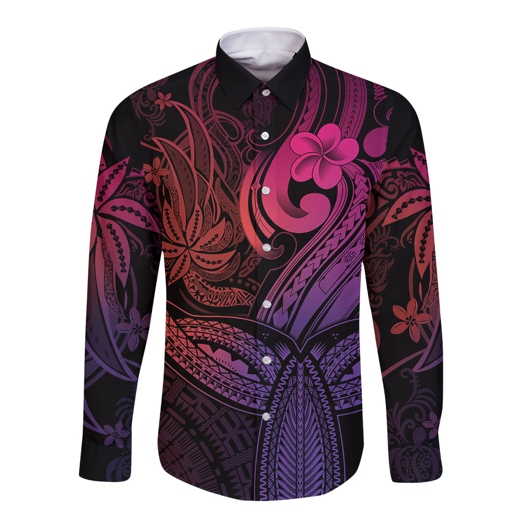 Polynesia Long Sleeve Button Shirt Whale Tale and Polynesian Sunset Plumeria Pink LT9 Unisex Pink - Polynesian Pride