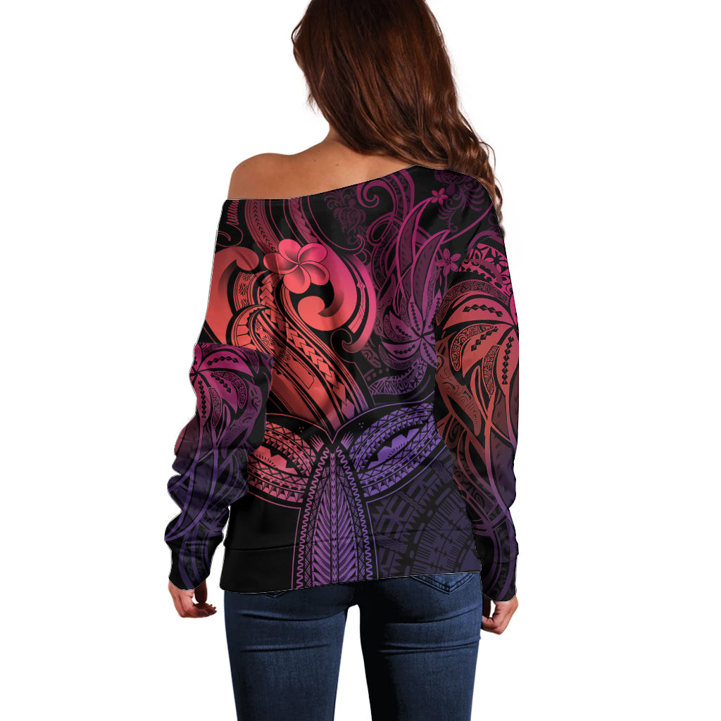 Polynesia Off Shoulder Sweater Whale Tale and Polynesian Sunset Plumeria Pink LT9 - Polynesian Pride