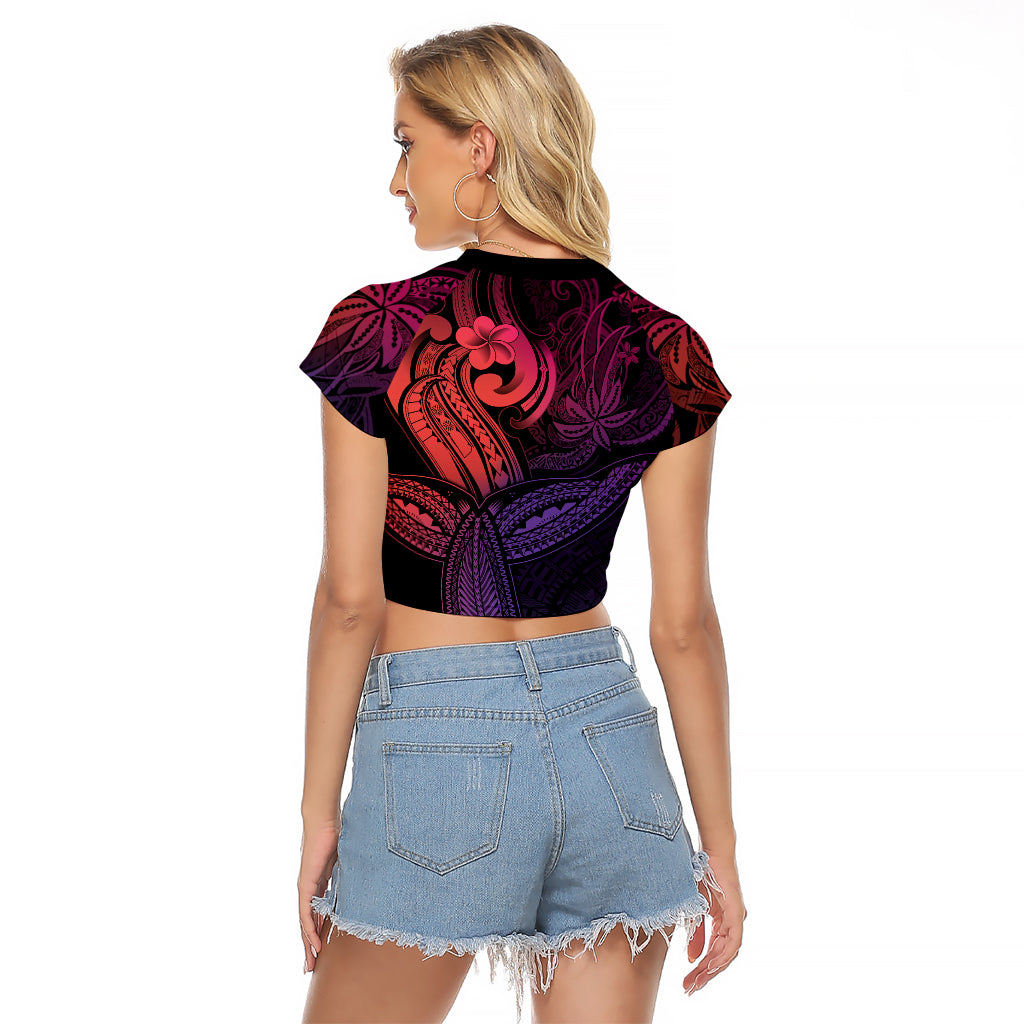 Polynesia Raglan Cropped T Shirt Whale Tale and Polynesian Sunset Plumeria Pink LT9 - Polynesian Pride