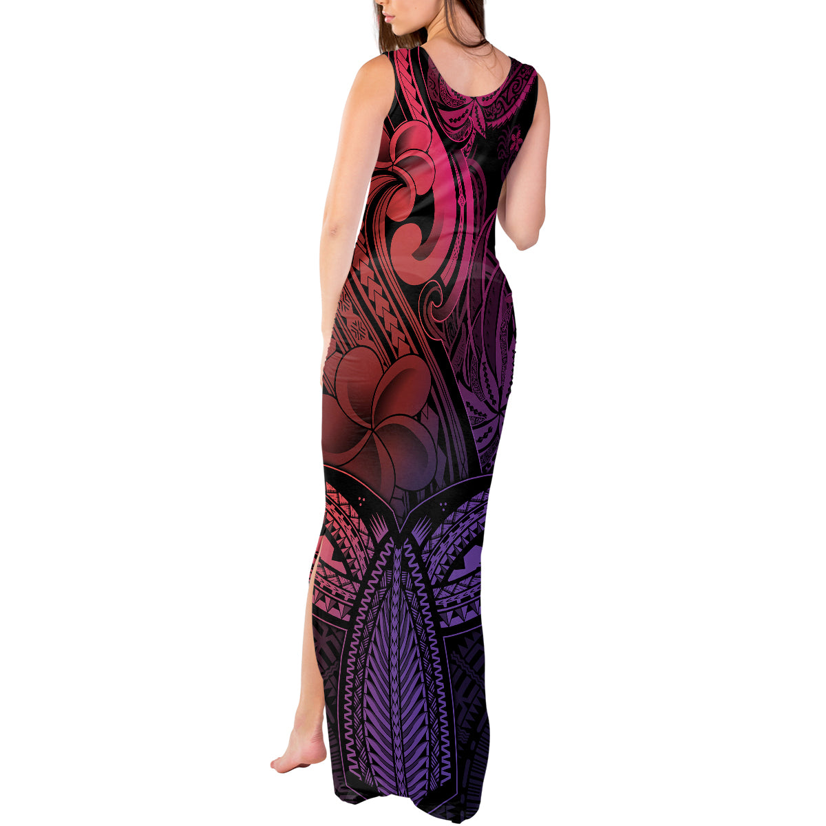 Polynesia Tank Maxi Dress Whale Tale and Polynesian Sunset Plumeria Pink LT9 - Polynesian Pride